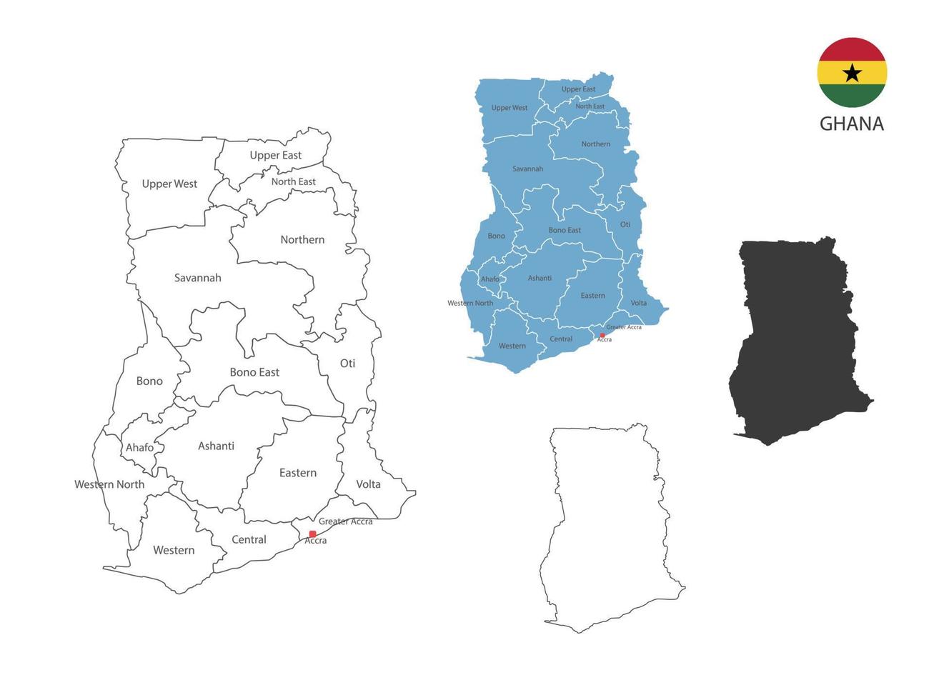 4 stile di Ghana carta geografica vettore illustrazione avere tutti Provincia e marchio il capitale città di Ghana. di magro nero schema semplicità stile e buio ombra stile. isolato su bianca sfondo.