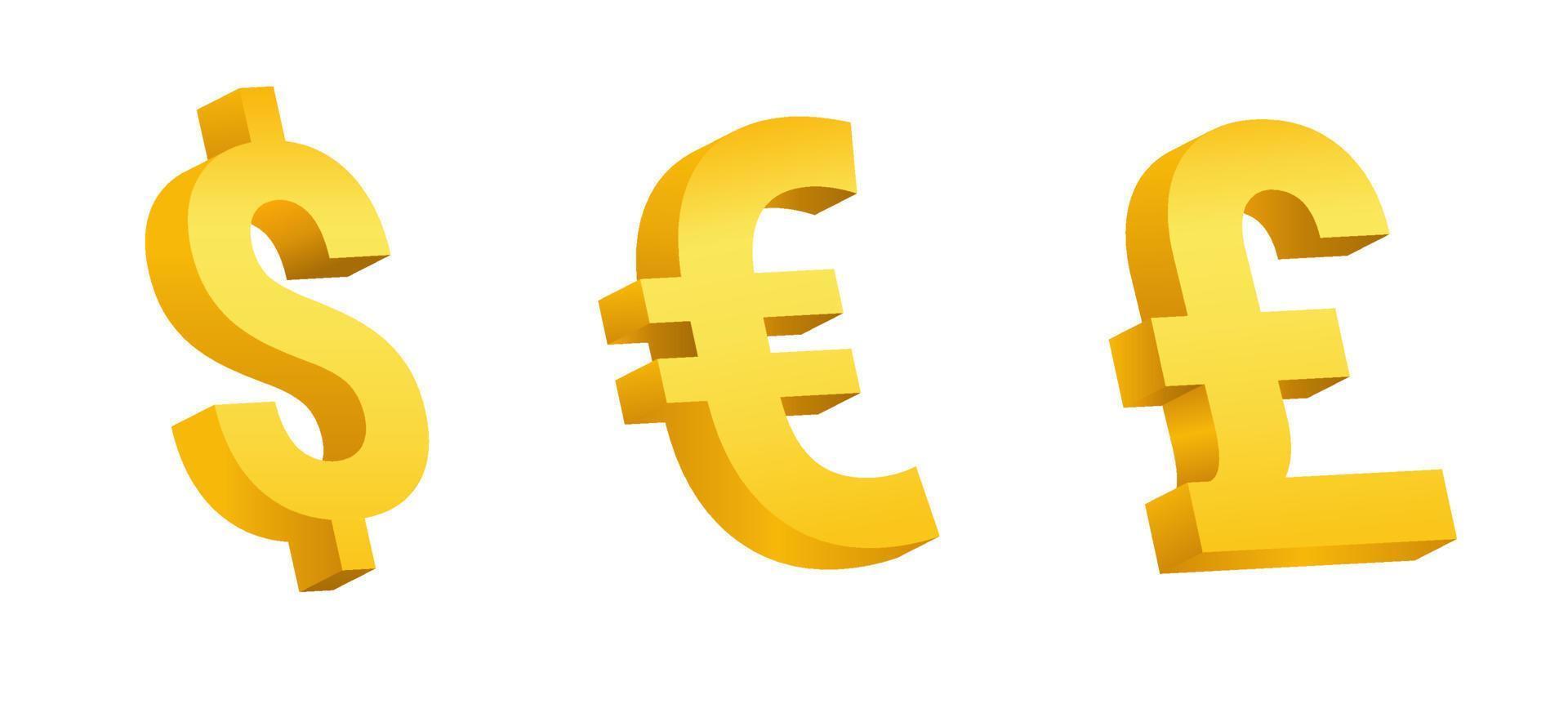 d'oro moneta simboli. volume 3d segni di dollaro e Euro libbra sterlina bancario moneta economico giallo vettore ricchezza design