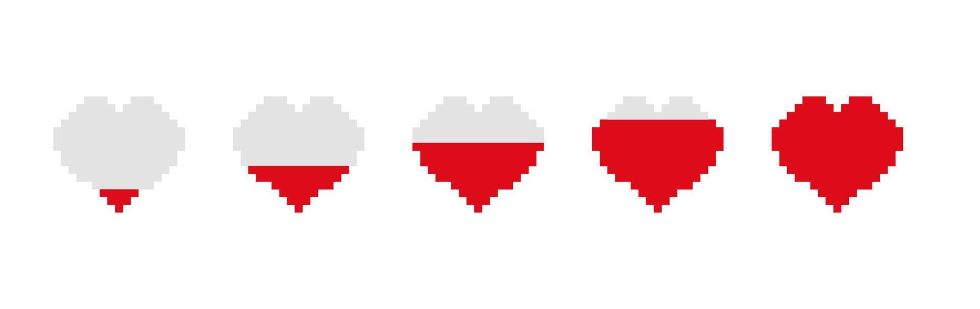 gioco bar Riempimento cuore. passaggi di energia Conservazione nel vuoto e gradualmente pieno pixel cuore grafico mobile interfaccia colorato indicatore di gioco valutazione e vettore premio.