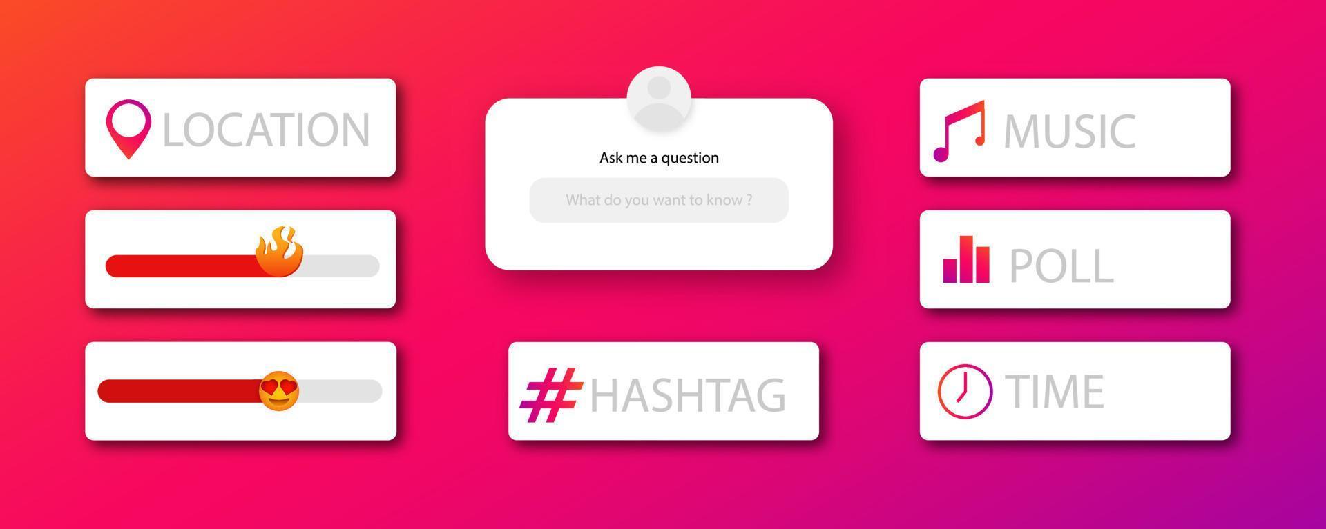 collezione di widget, cursori e adesivi per sociale media o mobile applicazione interfaccia - sondaggio, Posizione indicazione, progresso barre, hashtag, domanda scatola. moderno vettore illustrazione.