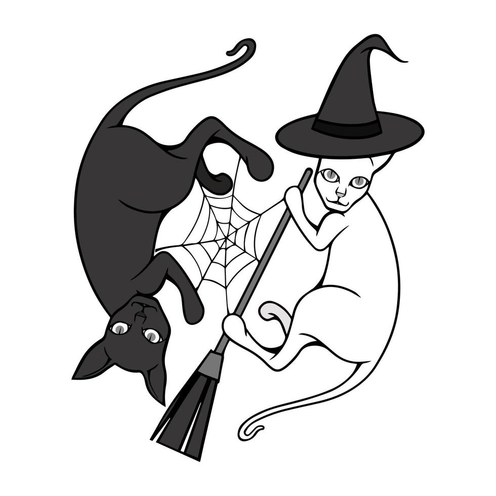 carino nero e bianca gatto indossare un' strega cappello e Tenere un' scopa. Perfetto per il tuo Halloween design elementi. vettore