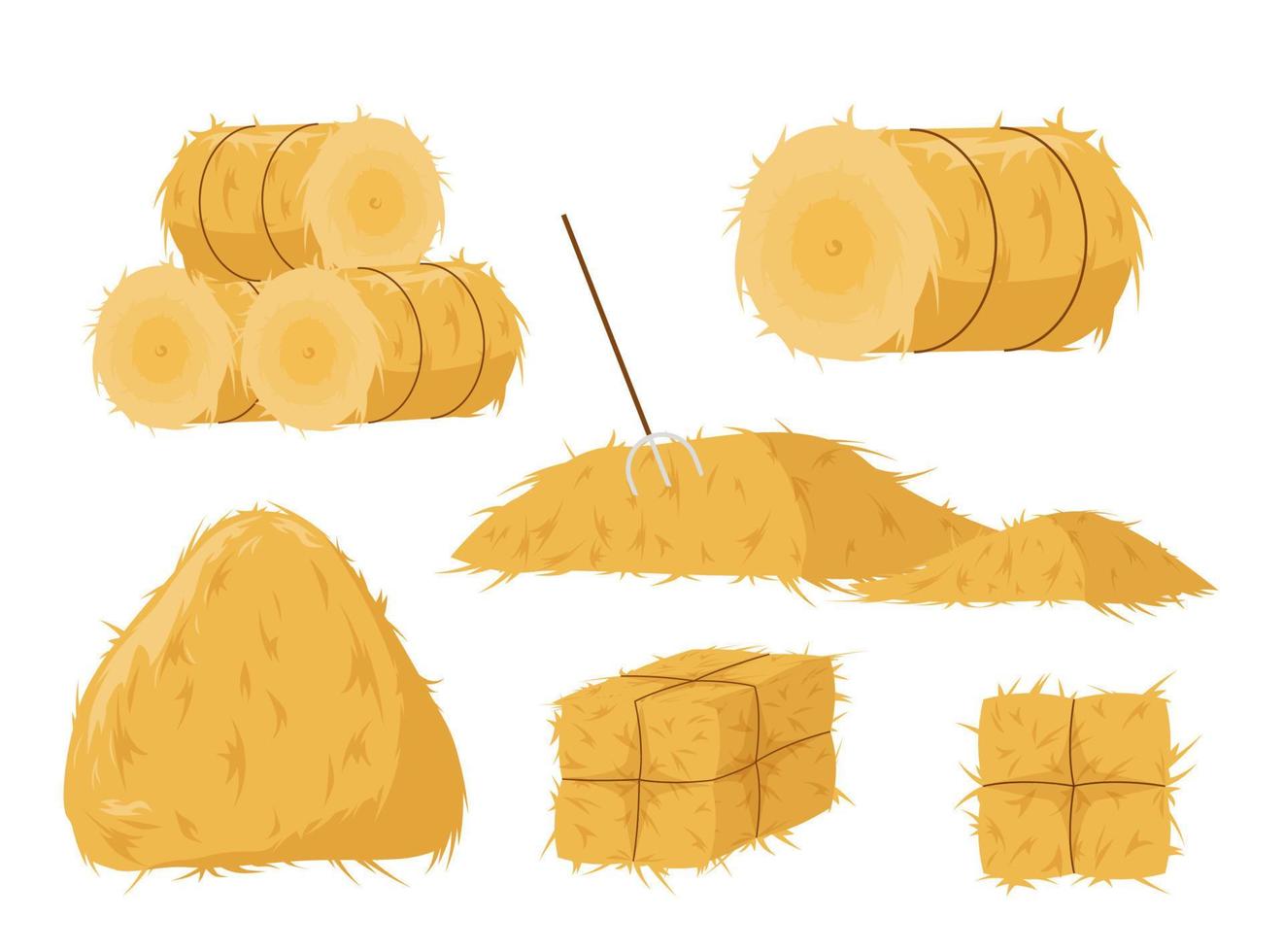 mucchi di fieno di vario forme. d'oro legato pile di erba di cui su superiore di ogni altro compatto fienile dopo raccolta grano preparazione per alimentazione vettore bestiame