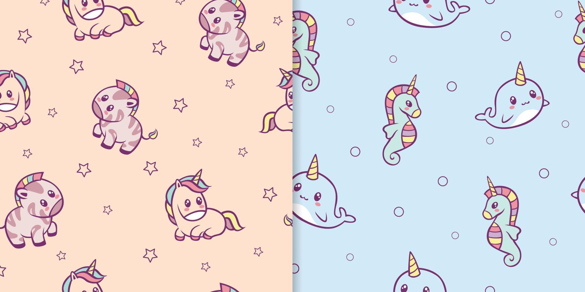 kawaii anime animali senza soluzione di continuità modello. carino zebre con rosso macchie e arcobaleno criniera piccolo rosa divertente unicorno. vettore