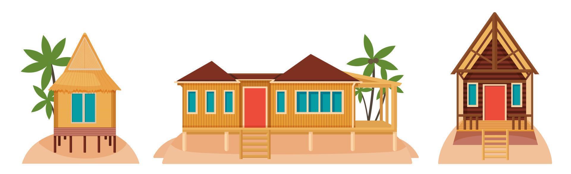 bungalow case su tropicale isole. illustrazione di esotico architettura vettore