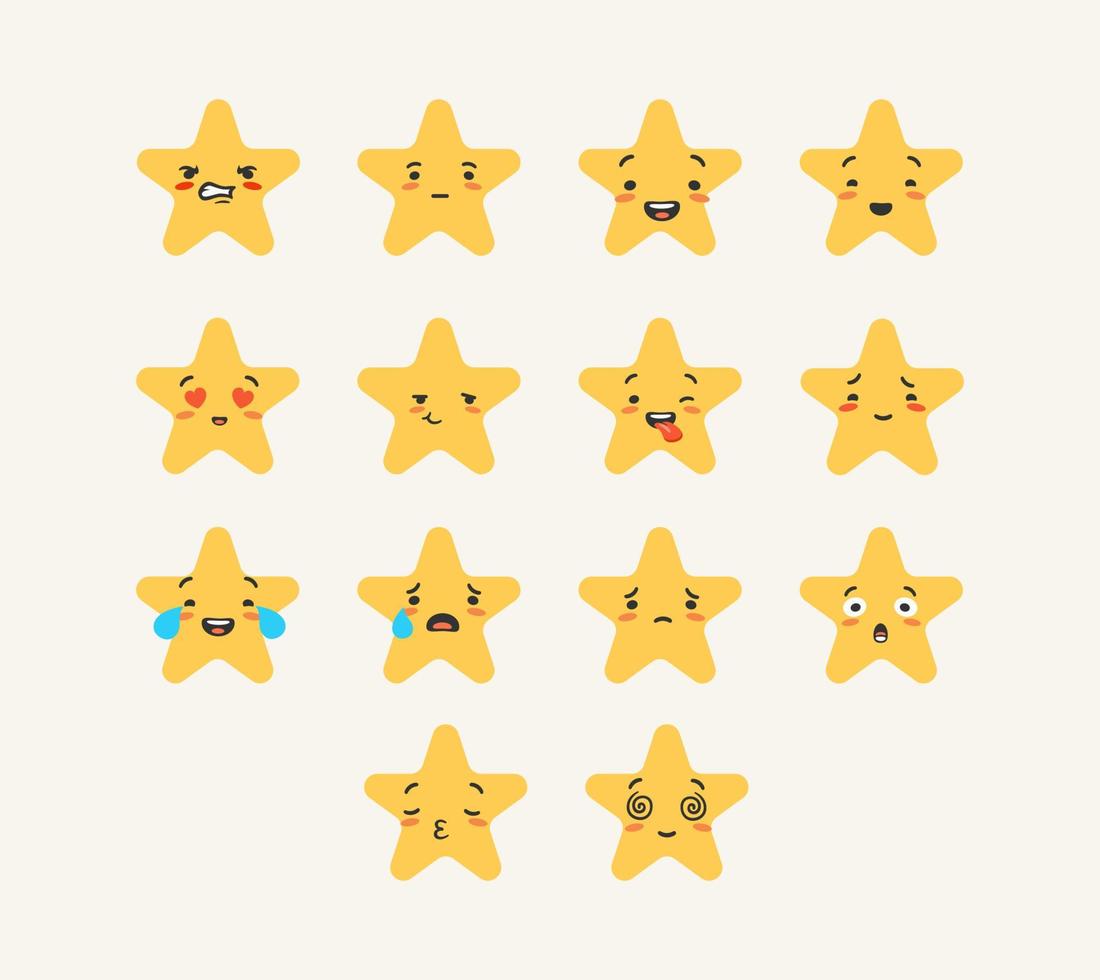 cartone animato stella emoji valutazione. impostato emozioni di personaggi stelle con gioioso e triste facce espressione. vettore