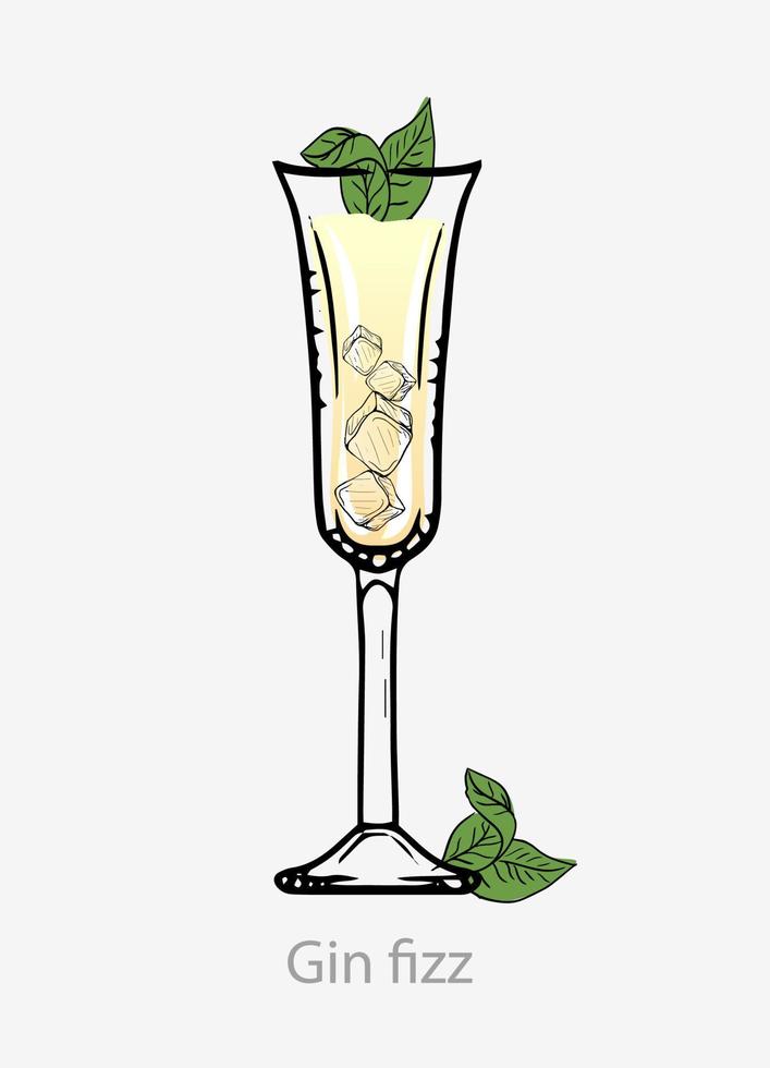 Gin effervescenza cocktail, giallo cocktail con ghiaccio cubi menta foglia Gin basato alcool digestivo zucchero sciroppo Limone succo bibita siamo servito indimenticabile vettore bicchiere con Ghiaccio.