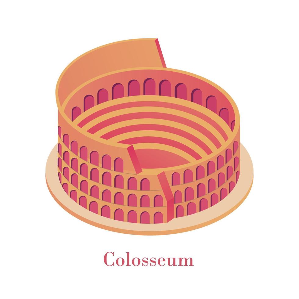 antico colosseo isometrico. famoso italiano punto di riferimento antico enorme arancia collidere arena gladiatori combatte. vettore