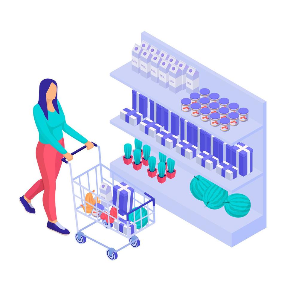 supermercato shopping isometrico illustrazione. personaggio con carrello acquisti prodotti e cose nel negozio. vettore