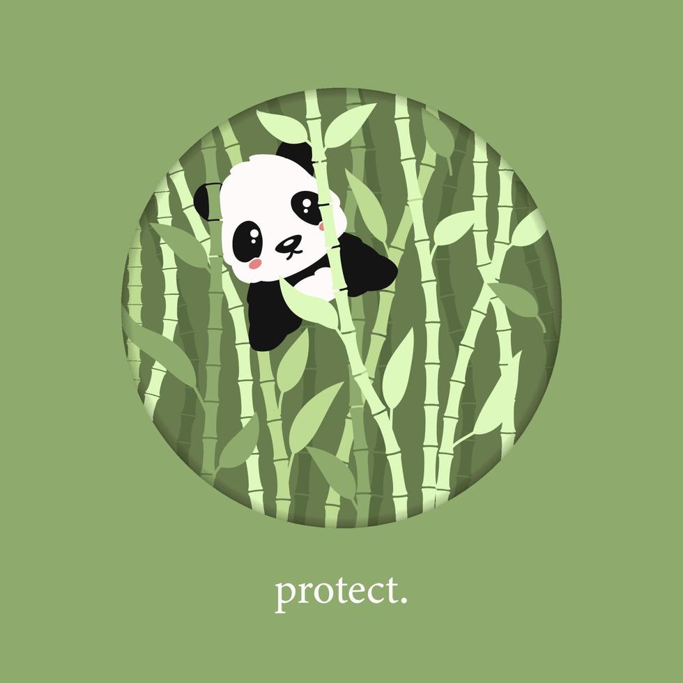 poco panda nel bisogno protezione. carino anime cucciolo nascondiglio nel boschetto di verde bambù conservazione naturale risorse. vettore