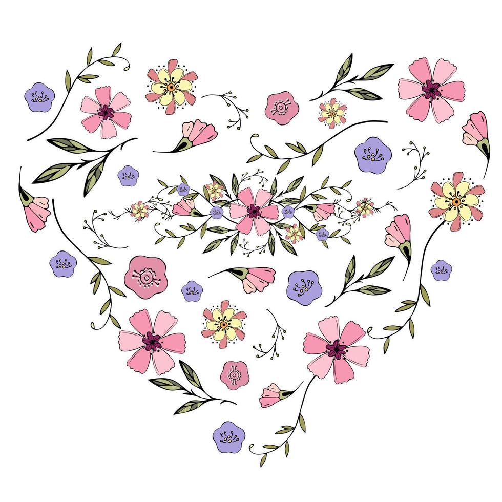 cuore di fiori scarabocchio mano disegnato vettore