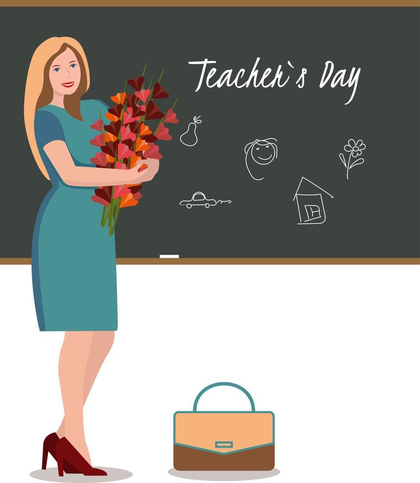 insegnanti giorno, insegnante, con fiori, a il lavagna, valigetta. vettore