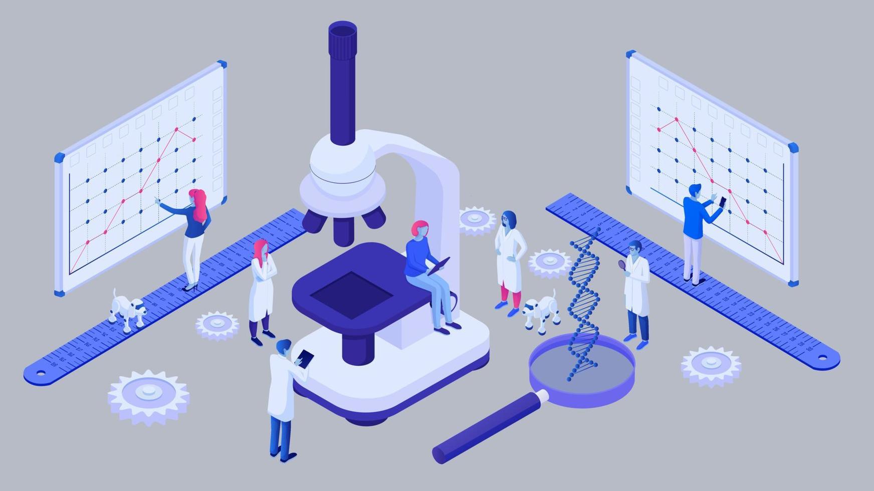 scientifico analisi micromondo nel laboratorio futuro isometrico concetto. dettagliato Infografica di dna spirali di gruppo scientifico. vettore