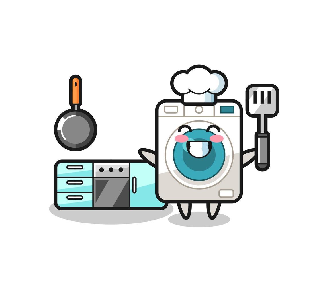 lavaggio macchina personaggio illustrazione come un' capocuoco è cucinando vettore