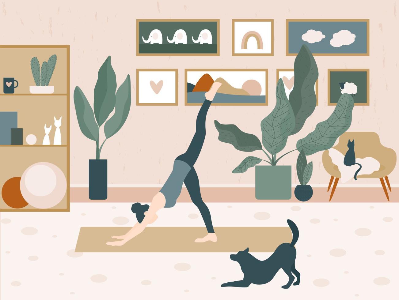 accogliente hygge comfort casa interno. ragazza e un' cane fare yoga a casa. divertente cartone animato illustrazione per uso nel design vettore