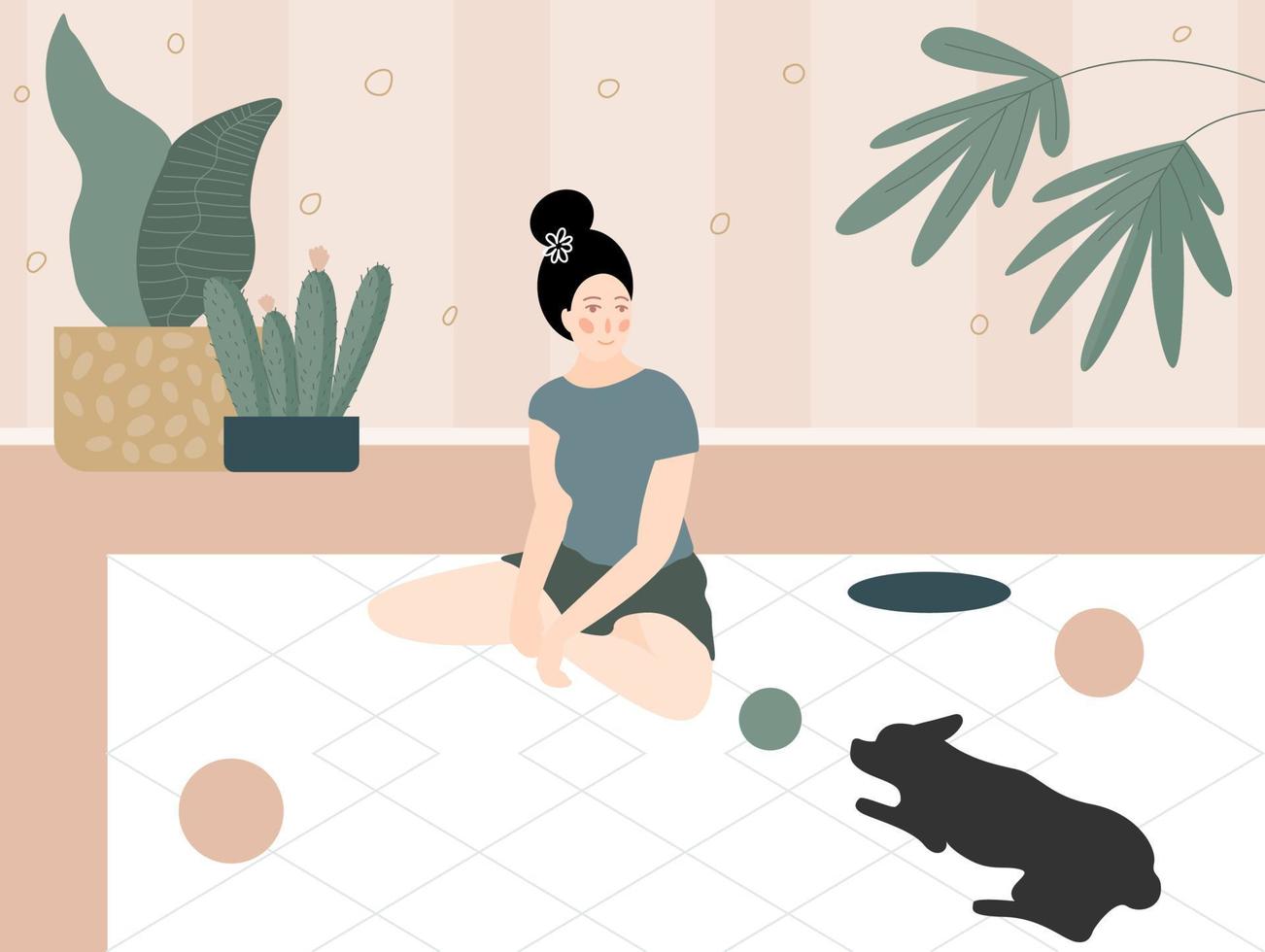 accogliente hygge comfort casa interno. ragazza giocando con cane a casa. disegnato a mano illustrazione per uso nel design vettore