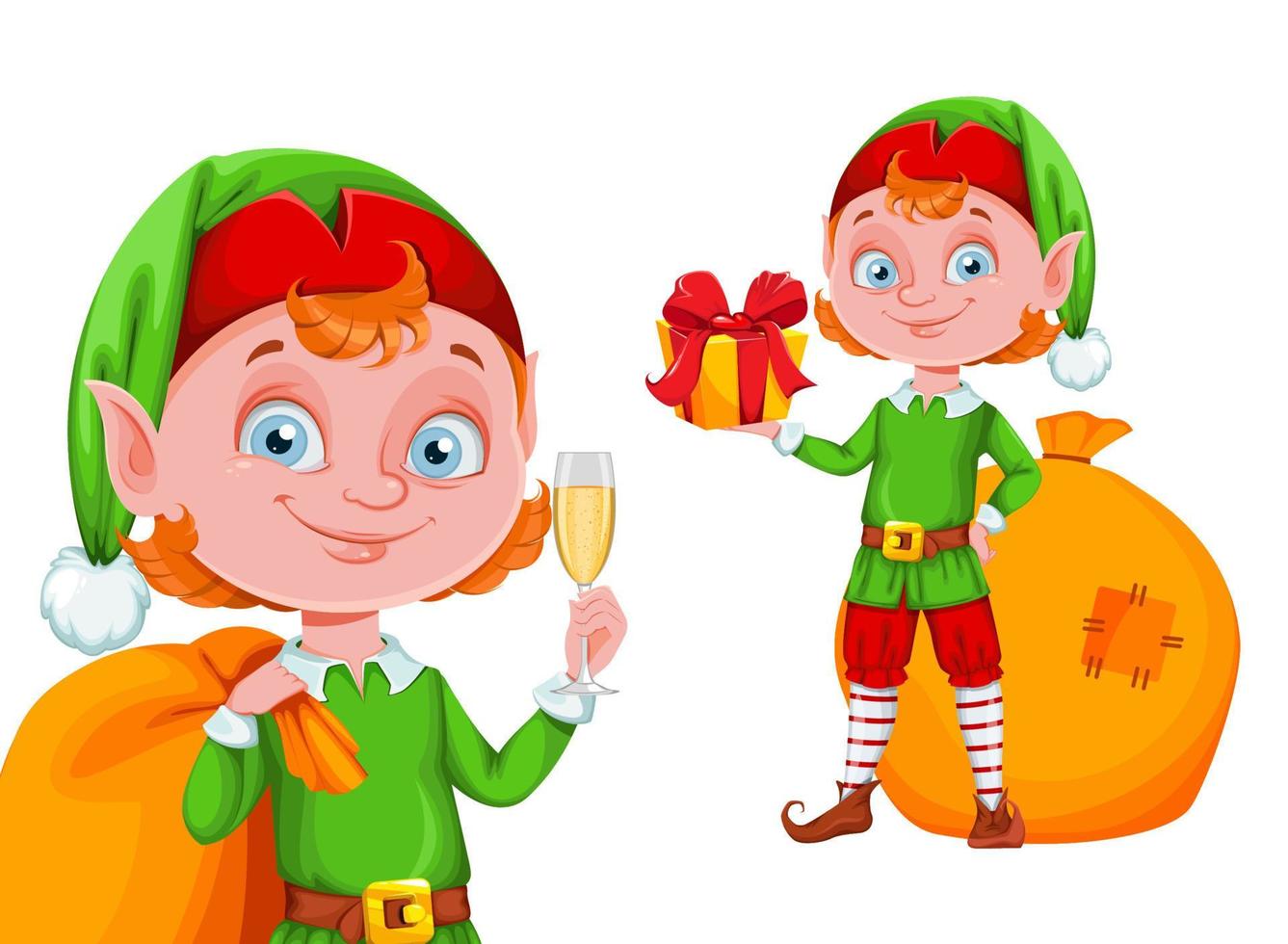 Natale elfo cartone animato personaggio Tenere un' bicchiere di Champagne. allegro Natale e contento nuovo anno vettore