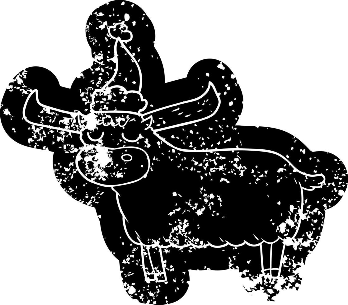 icona in difficoltà del fumetto di un toro che indossa il cappello di Babbo Natale vettore