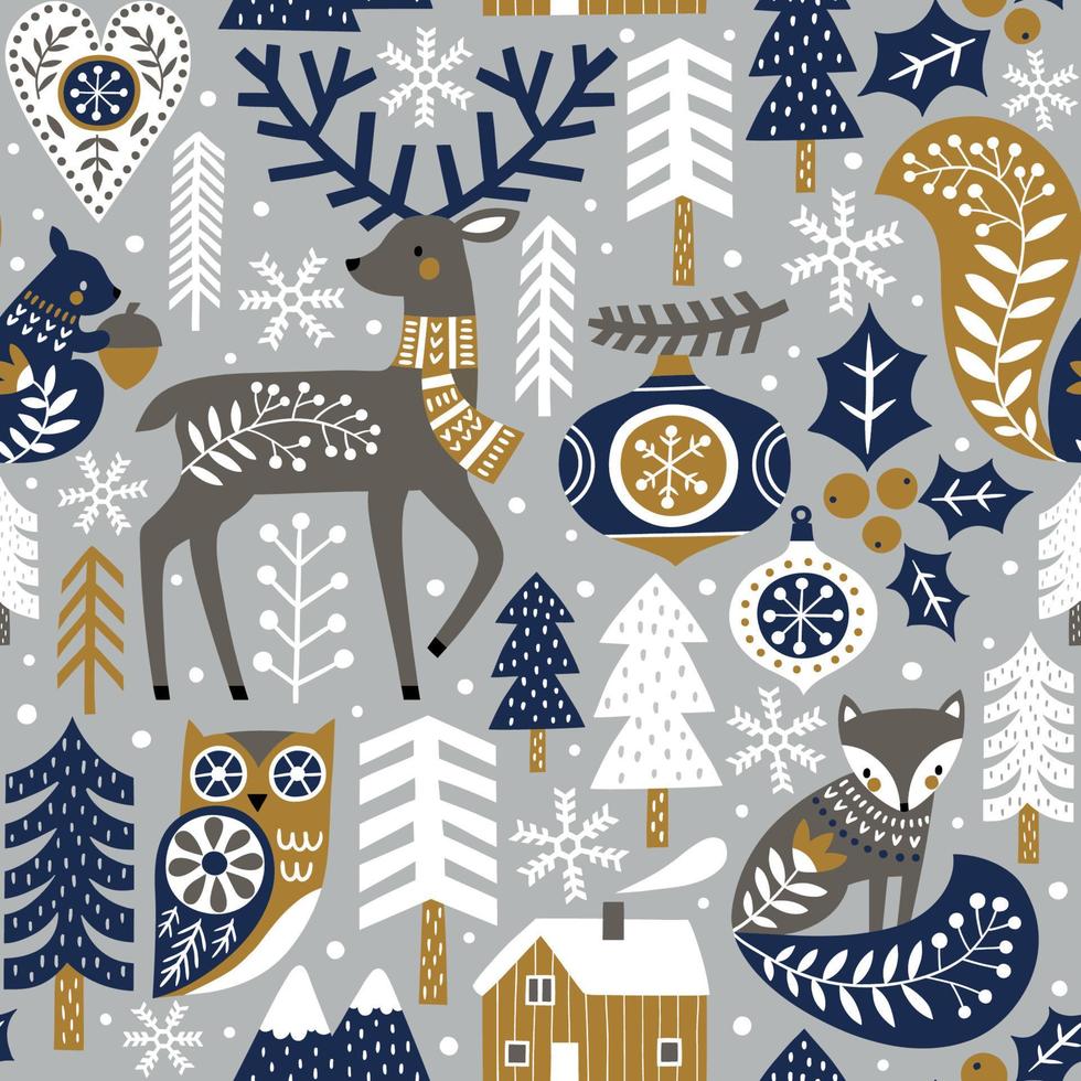senza soluzione di continuità modello con carino bosco animali, boschi e i fiocchi di neve su buio grigio sfondo. scandinavo Natale illustrazione. vettore