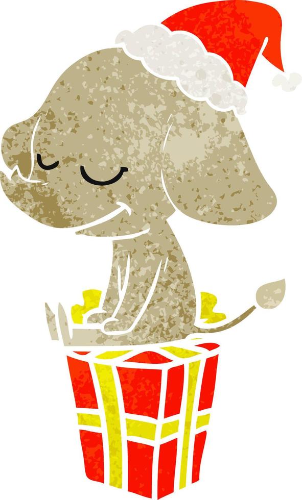 cartone animato retrò di un elefante sorridente che indossa il cappello di Babbo Natale vettore