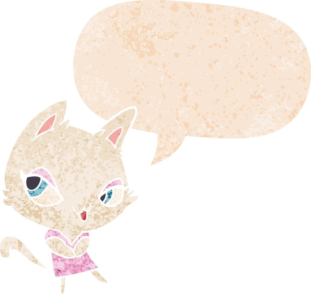 cartone animato femmina gatto e discorso bolla nel retrò strutturato stile vettore