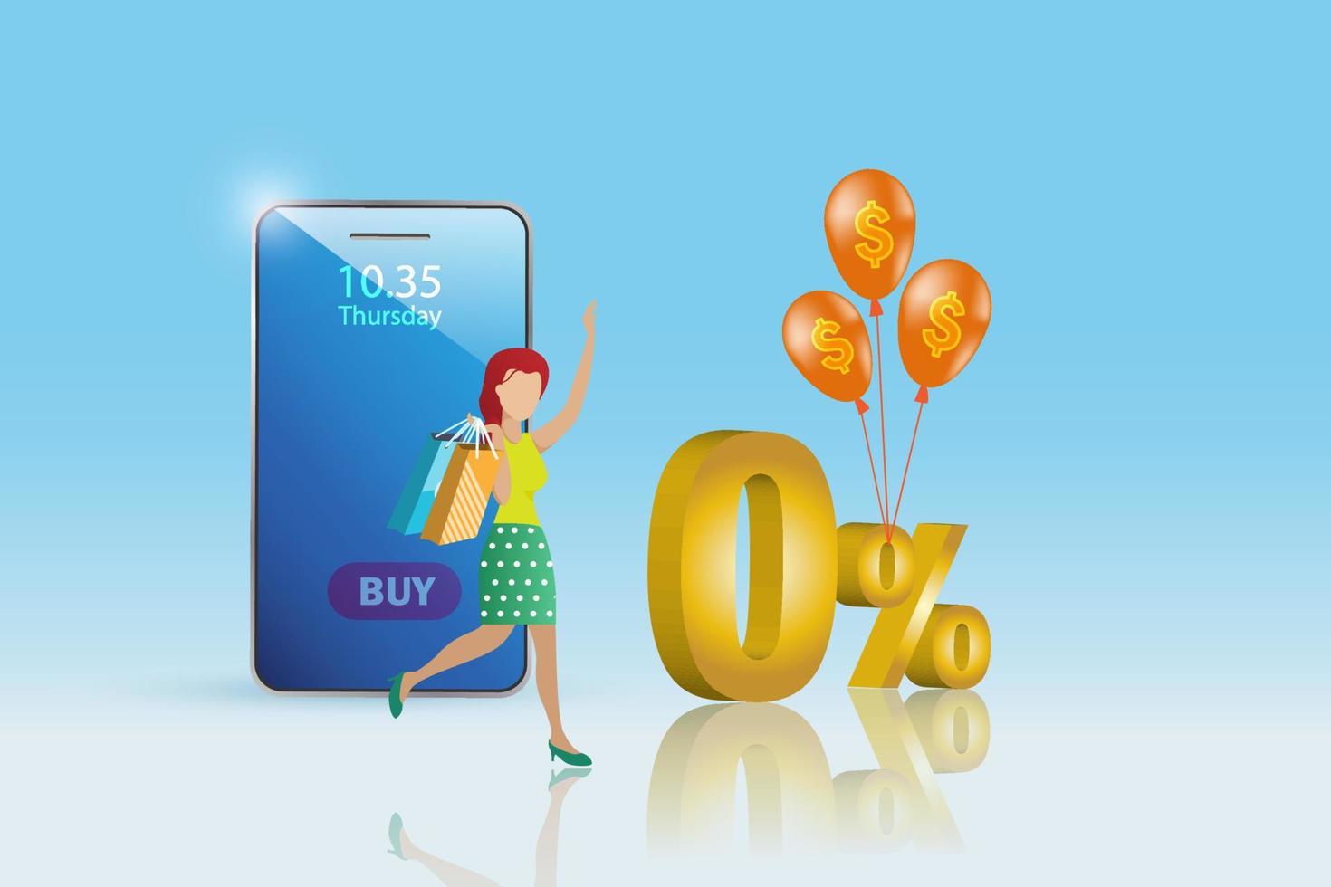 in linea shopping e pagamento. donna con in linea shopping su inteligente Telefono e 0 per cento interesse tassa finanziario promozione. modello, striscione, manifesto per promozione nel in linea negozio, e commercio. vettore