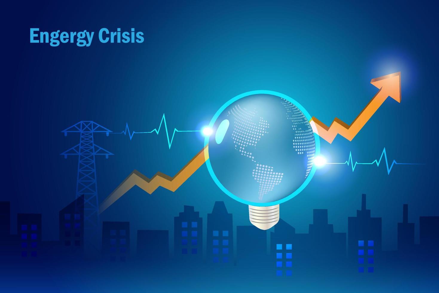 energia crisi, crescente richiesta di elettricità e energia carenza. globo leggero lampadina con ecg ekg medico Salute e alto critico grafico su energia. vettore