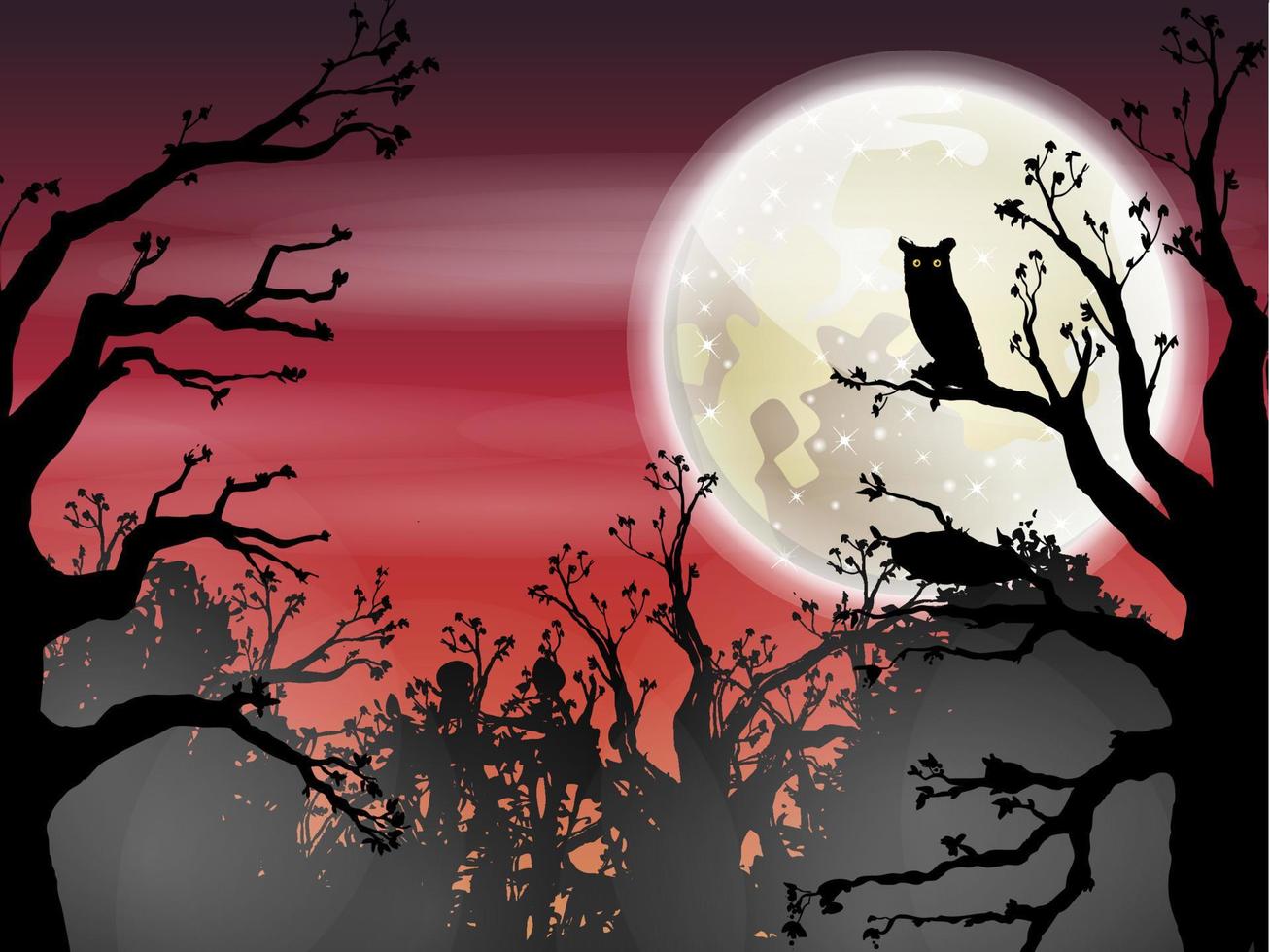Halloween boschi sfondo con gufo e pieno Luna. vettore illustrazione