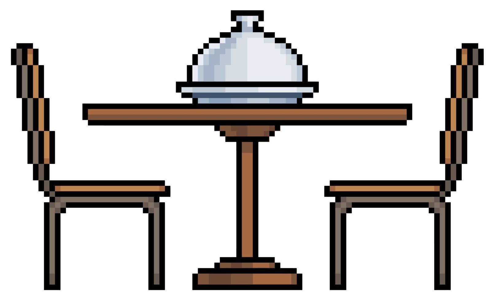 pixel arte di legno tavolo con sedie e cibo vassoio vettore icona per 8 bit gioco su bianca sfondo