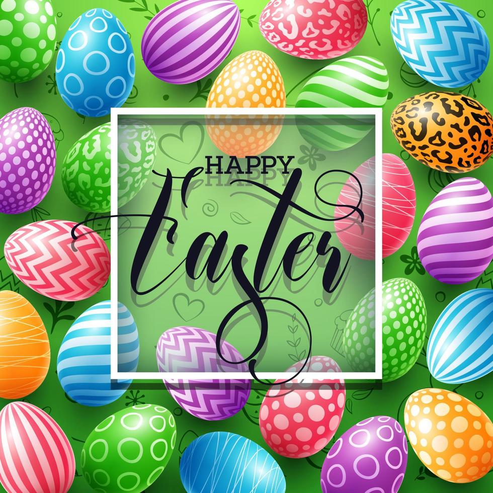 contento Pasqua saluto carta con colorato uova e telaio su carino scarabocchio sfondo vettore