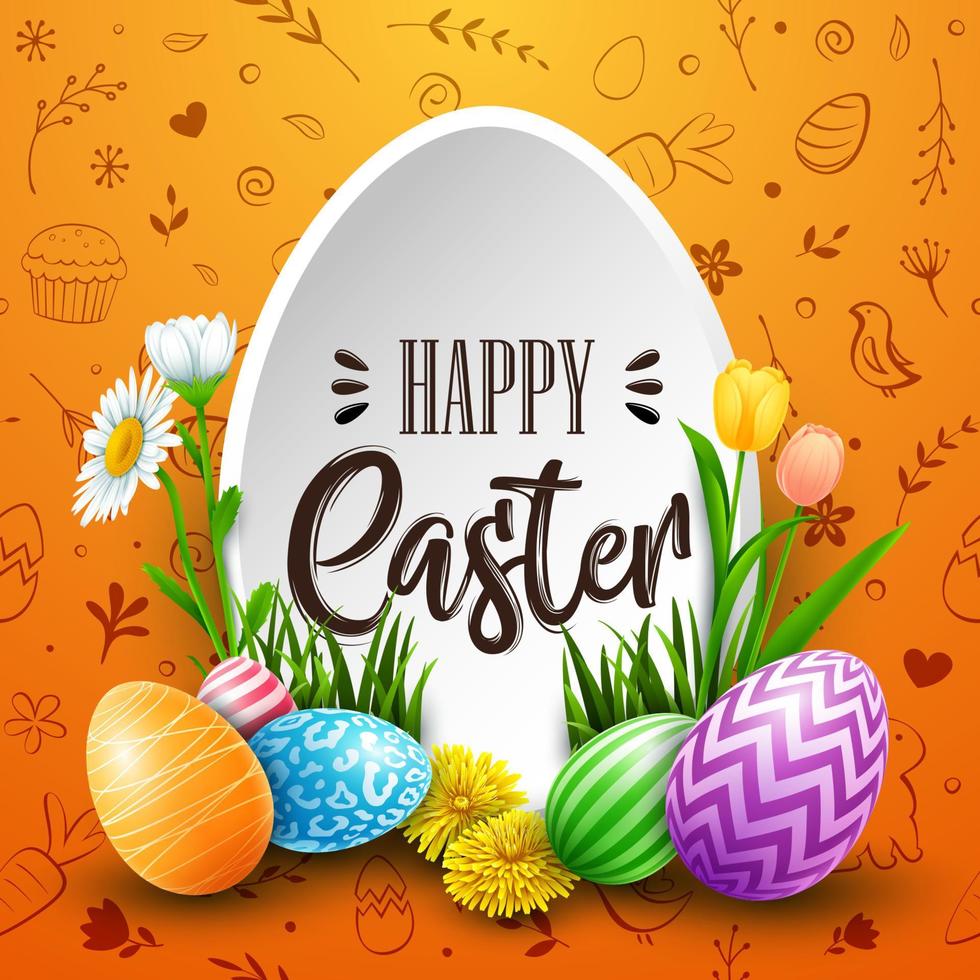 contento Pasqua saluto carta con colorato uova, fiori su blu sfondo vettore