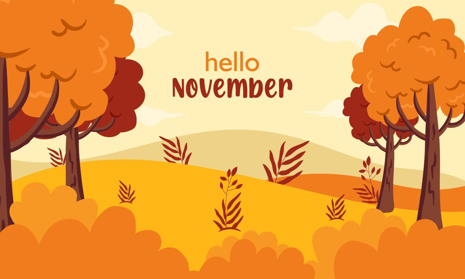 Ciao novembre autunno saluti bandiera con autunno alberi e paesaggio illustrazione sfondo vettore