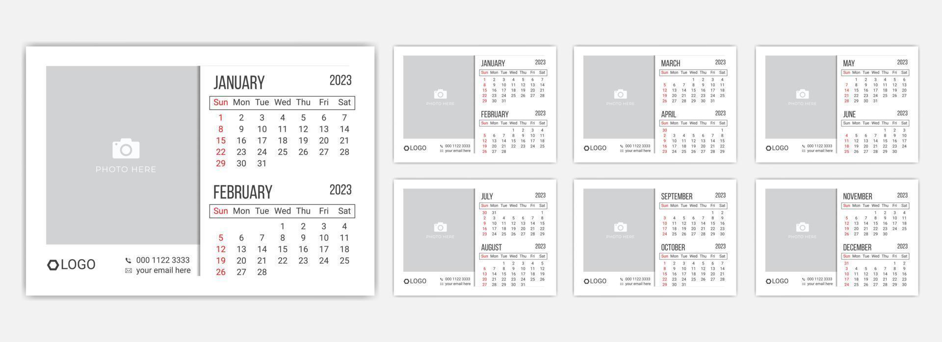 minimo scrivania calendario modello per il anno 2023 un' impostato di pagine per 12 mesi e copertina pagina di 2023 vettore illustrazione