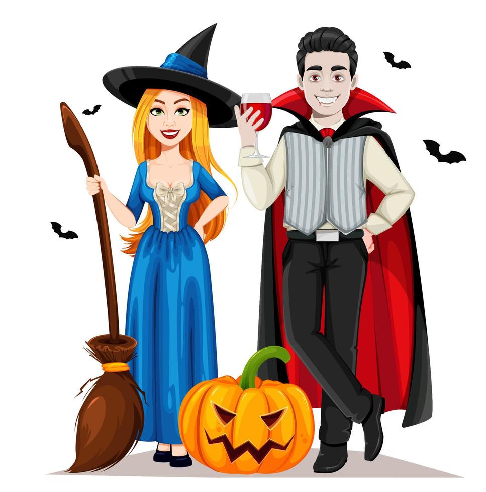 contento Halloween. vampiro e bellissimo strega vettore