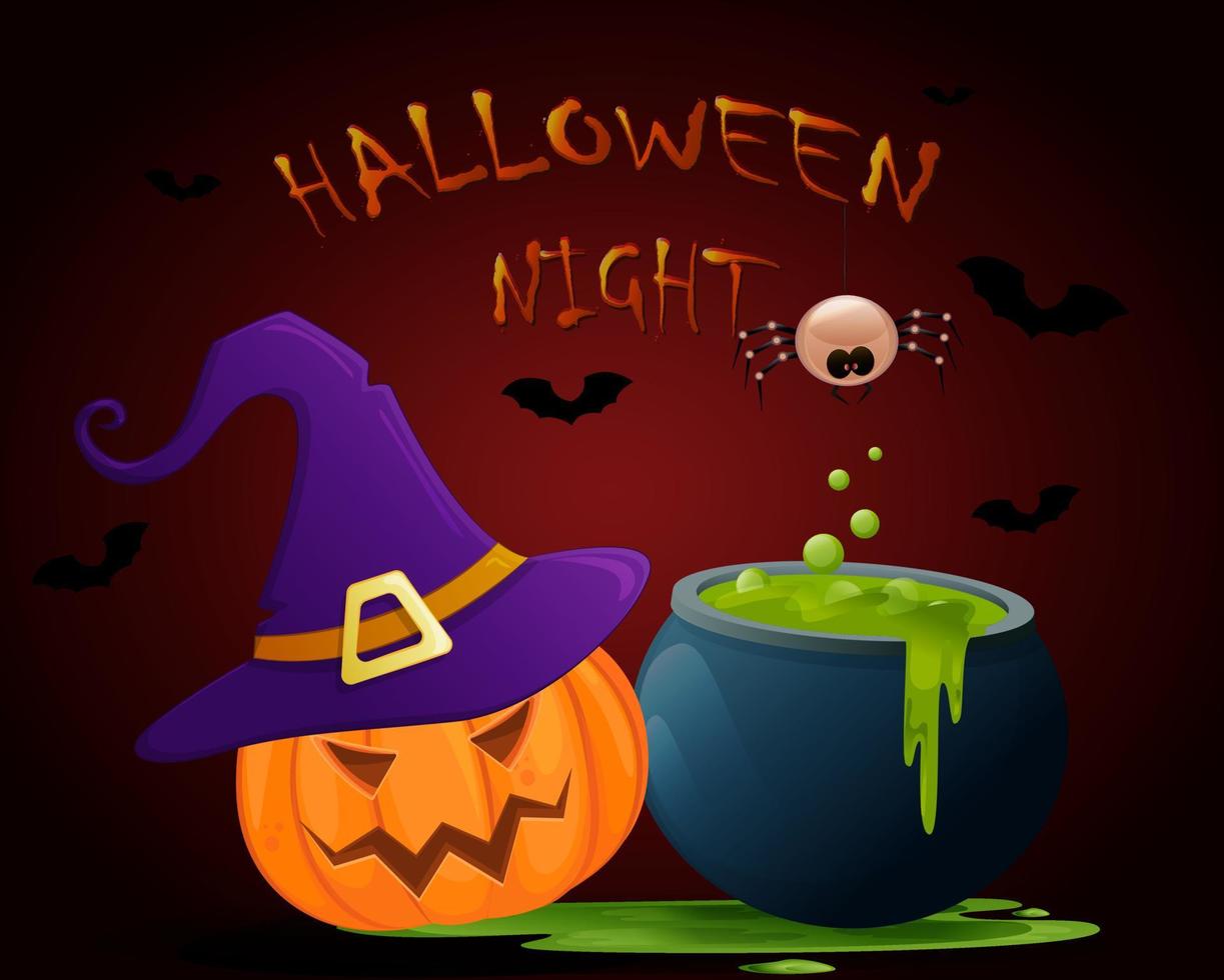 Halloween notte manifesto. vettore illustrazione. zucca, pozione, pipistrelli, ragno