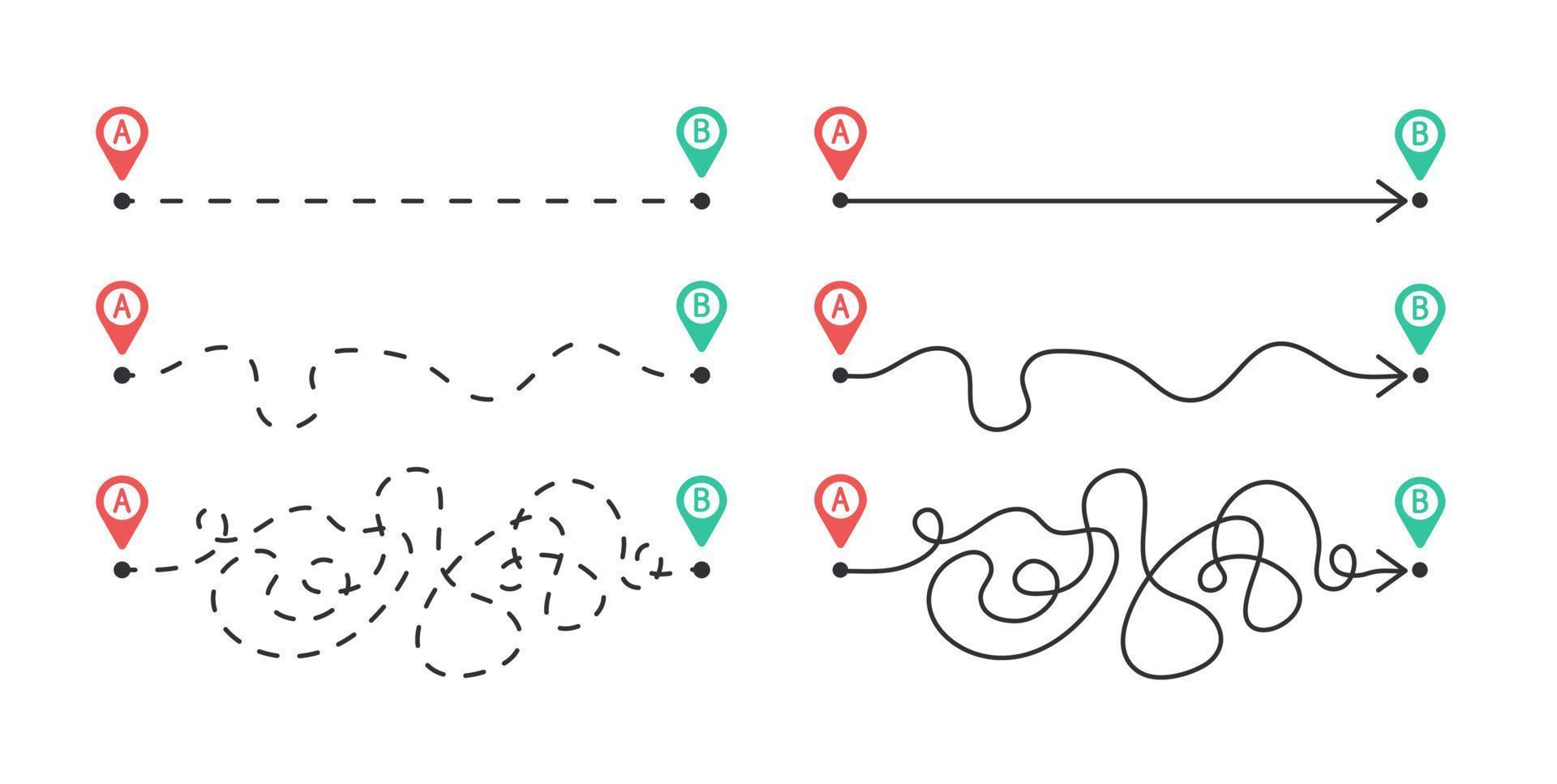 il concetto di la creazione di un' itinerario a partire dal punto un' per punto b. tre opzioni per il sentiero. il facile modo, il mezzo modo, e il difficile modo. dritto linea, confuso e tratteggiata line.vector illustrazione vettore