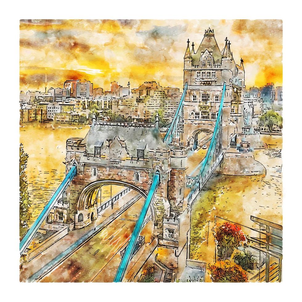 illustrazione disegnata a mano di schizzo dell'acquerello del ponte della torre di Londra vettore