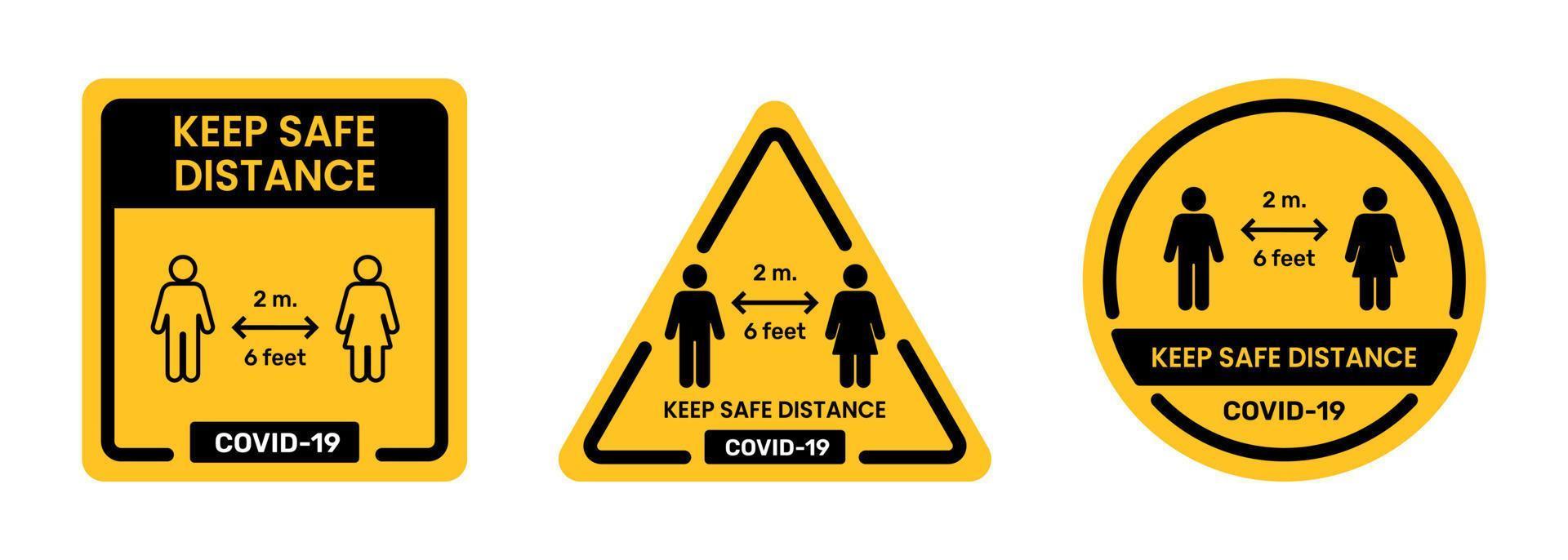 mantenere un' sicuro distanza e fermare covid-19 cartello icona. pubblico avvertimento etichetta per attaccare su bicchiere, parete, e tavolo. triangolo, quadrato, cerchio etichetta vettore