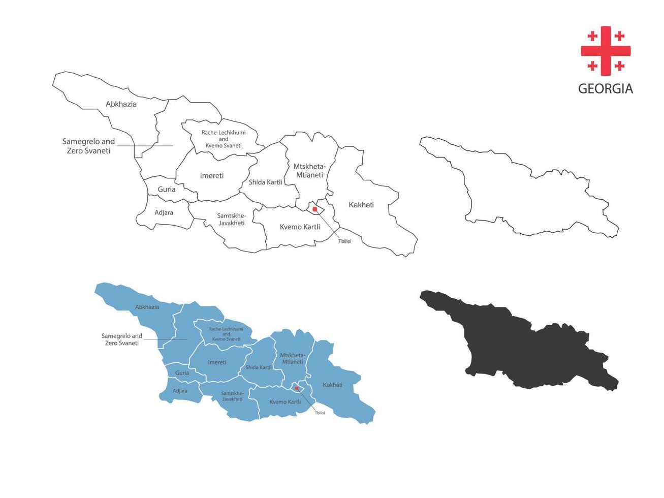 4 stile di Georgia carta geografica vettore illustrazione avere tutti Provincia e marchio il capitale città di Georgia. di magro nero schema semplicità stile e buio ombra stile. isolato su bianca sfondo.