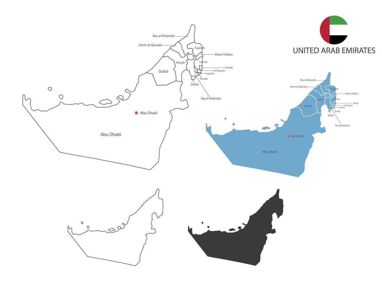 4 stile di unito arabo Emirates carta geografica vettore illustrazione avere tutti Provincia e marchio il capitale città di unito arabo emirati. di magro nero schema semplicità stile e buio ombra stile.