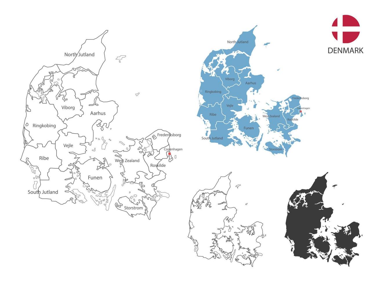 4 stile di Danimarca carta geografica vettore illustrazione avere tutti Provincia e marchio il capitale città di Danimarca. di magro nero schema semplicità stile e buio ombra stile. isolato su bianca sfondo.