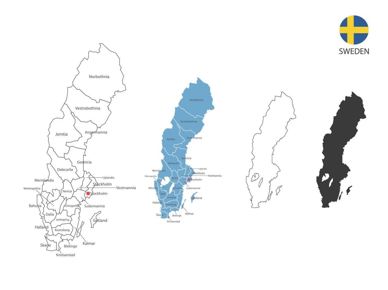 4 stile di Svezia carta geografica vettore illustrazione avere tutti Provincia e marchio il capitale città di Svezia. di magro nero schema semplicità stile e buio ombra stile. isolato su bianca sfondo.