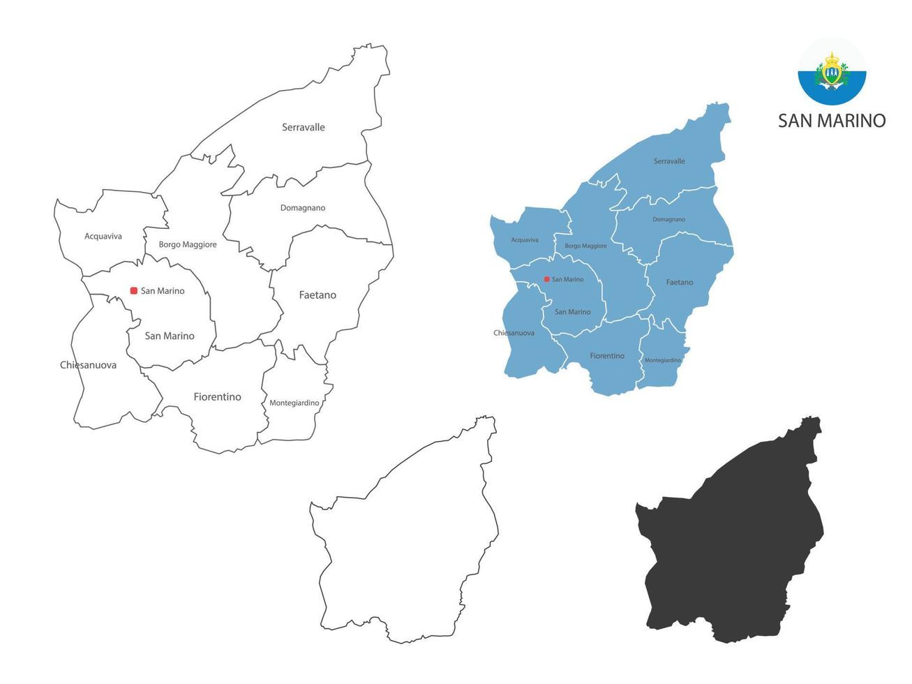 4 stile di san Marino carta geografica vettore illustrazione avere tutti Provincia e marchio il capitale città di san marino. di magro nero schema semplicità stile e buio ombra stile. isolato su bianca sfondo.