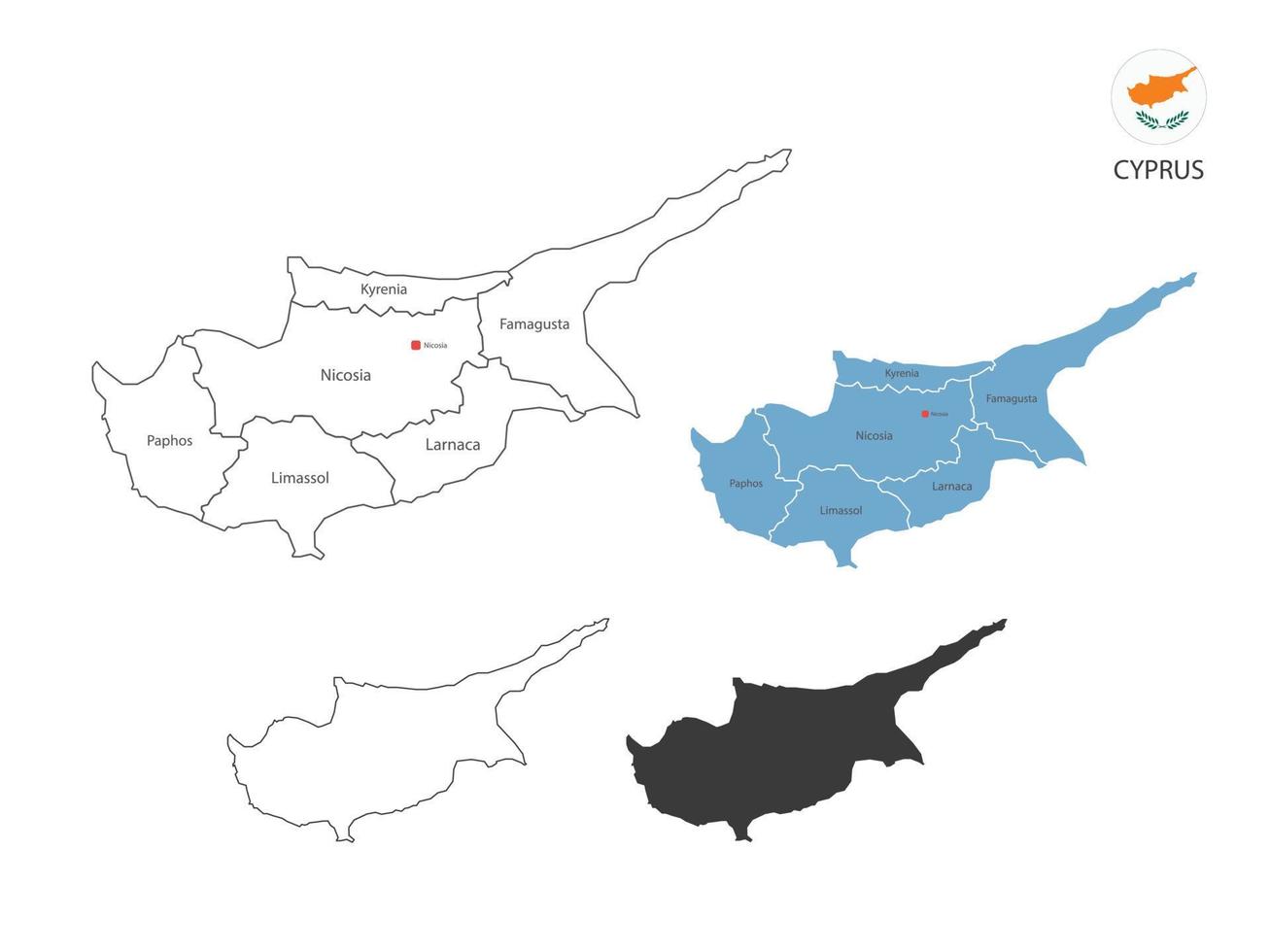 4 stile di Cipro carta geografica vettore illustrazione avere tutti Provincia e marchio il capitale città di Cipro. di magro nero schema semplicità stile e buio ombra stile. isolato su bianca sfondo.