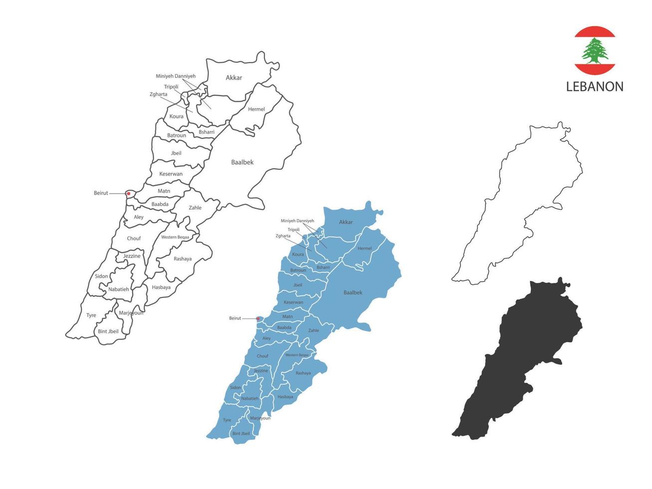 4 stile di Libano carta geografica vettore illustrazione avere tutti Provincia e marchio il capitale città di Libano. di magro nero schema semplicità stile e buio ombra stile. isolato su bianca sfondo.