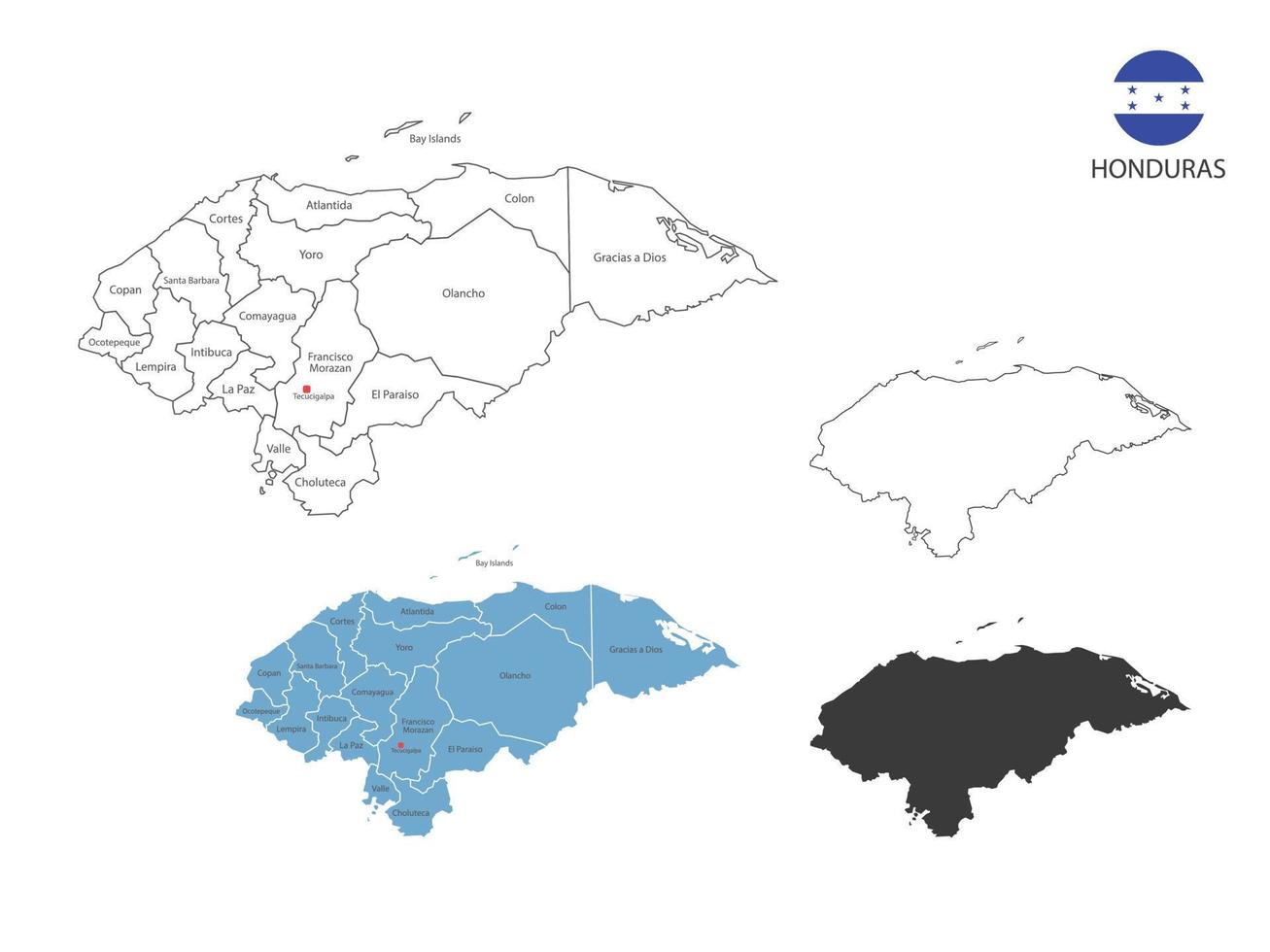 4 stile di Honduras carta geografica vettore illustrazione avere tutti Provincia e marchio il capitale città di Honduras. di magro nero schema semplicità stile e buio ombra stile. isolato su bianca sfondo.