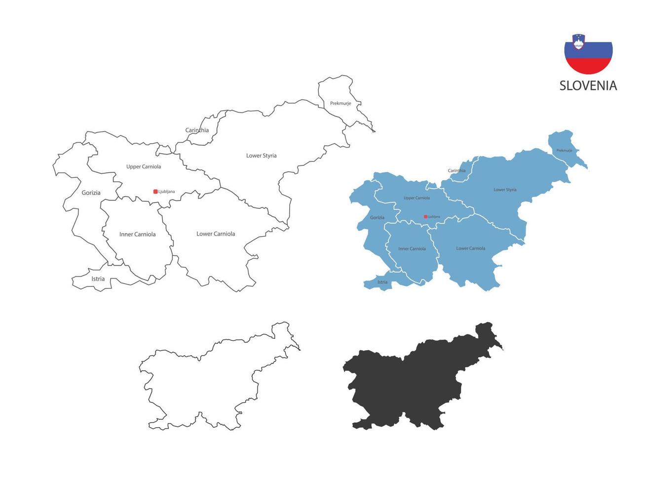 4 stile di slovenia carta geografica vettore illustrazione avere tutti Provincia e marchio il capitale città di slovenia. di magro nero schema semplicità stile e buio ombra stile. isolato su bianca sfondo.