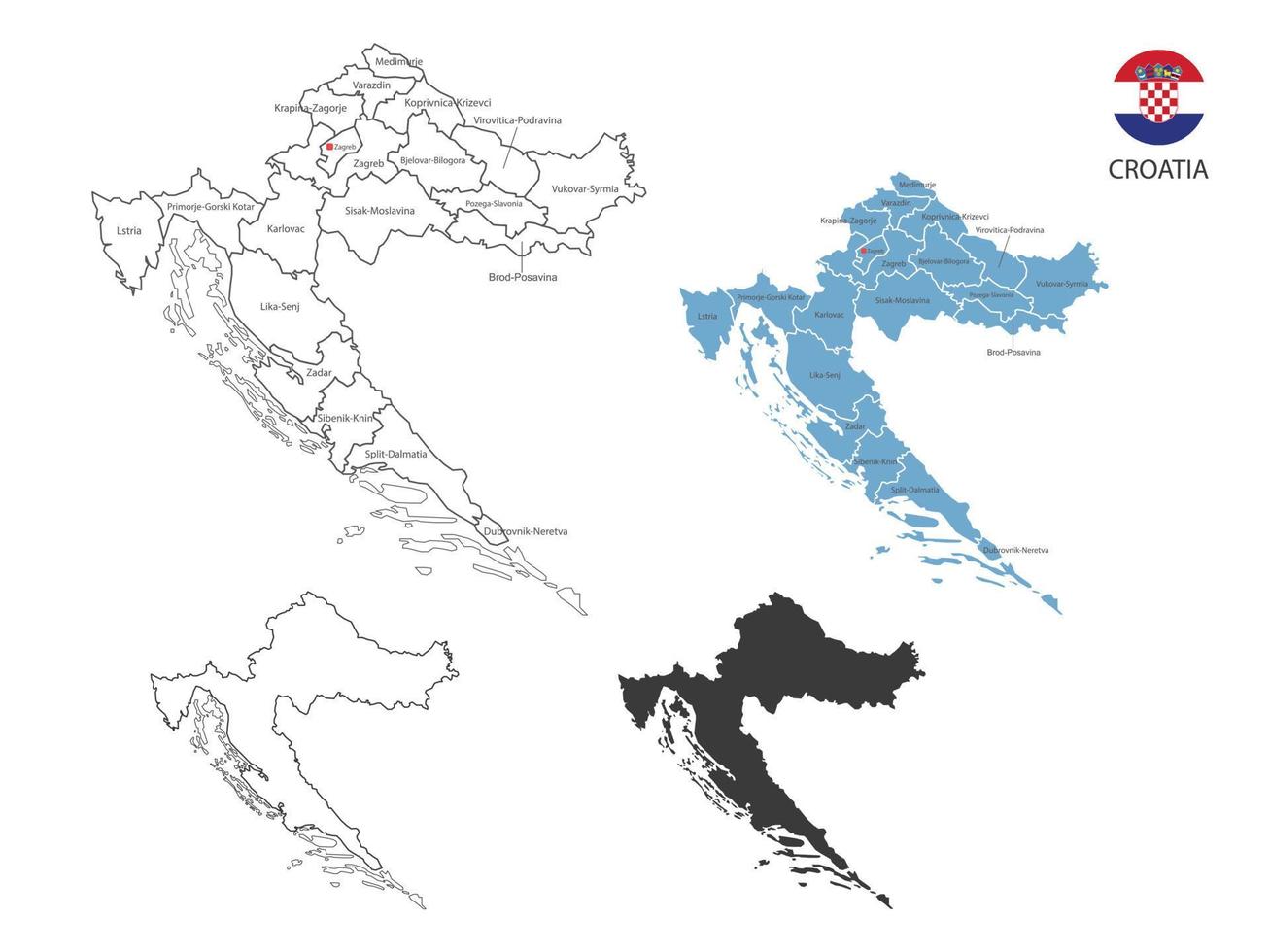 4 stile di Croazia carta geografica vettore illustrazione avere tutti Provincia e marchio il capitale città di Croazia. di magro nero schema semplicità stile e buio ombra stile. isolato su bianca sfondo.