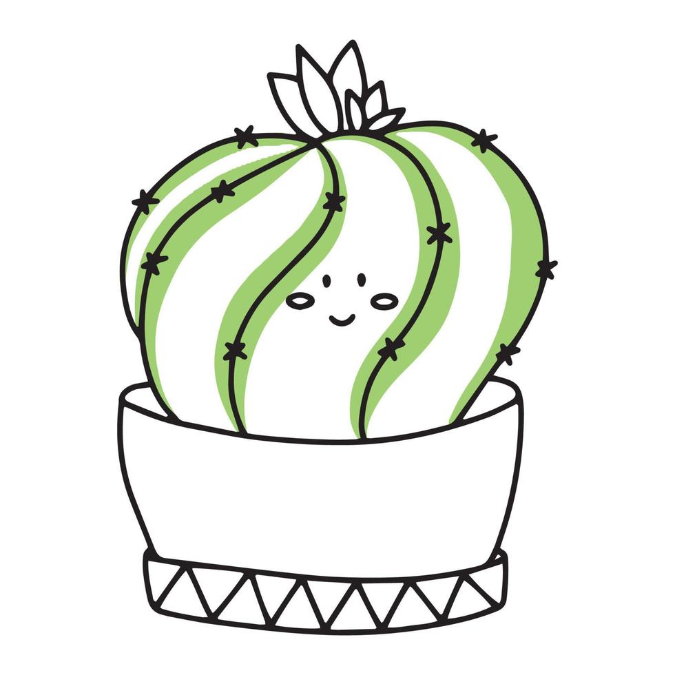 carino cactus nel il stile di scarabocchi. cactus con kawaii emozioni. vettore illustrazione di un' contento sorridente cactus con picchi e aghi. un' pianta nel un' fiore pentola. icone.