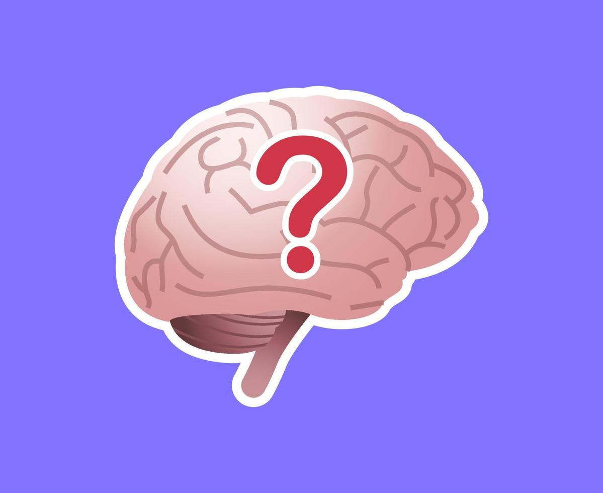 cervello etichetta su viola sfondo e cervello pensa avere un' domanda piatto vettore illustrazione.