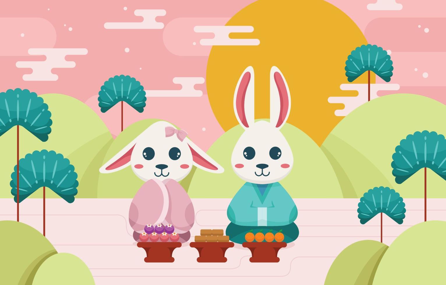 Chuseok celebrazione illustrazione con carino coniglietto coppia vettore